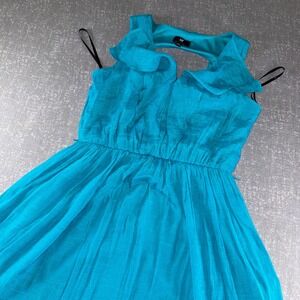 IZ Byer Womens Teal Blue Ruffle V-Neck Cutout Back Fit & Flare Dress Size S